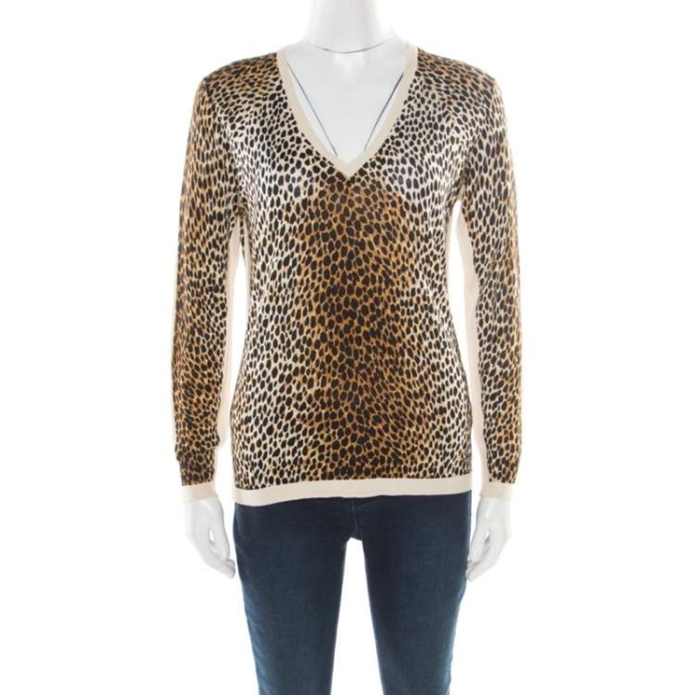 Dolce & Gabbana Animal Printed Silk Jersey V-Neck Sweater Leopard Top size 40